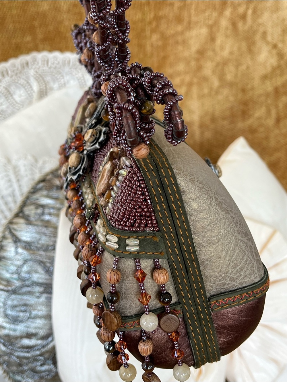 Mary Frances Beaded Vintage Beaded Fringe Hand Bag in Brown, Olive & Copper NWOT - Picture 8 of 9